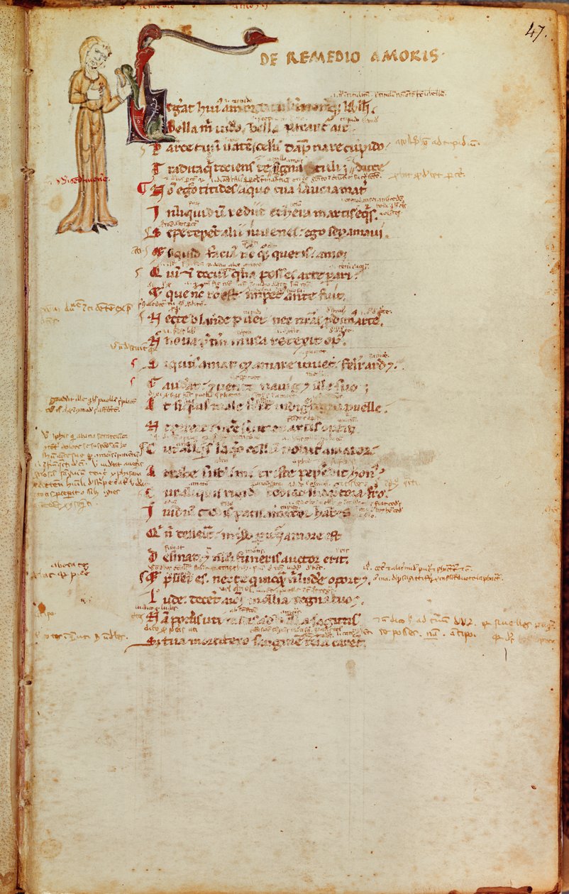 Ms 19 fol.47 Sivu tekstiä historiallisella alkukirjaimella, Ovidiuksen LArt dAimer (43-17 eKr.) tekijältä Italian School
