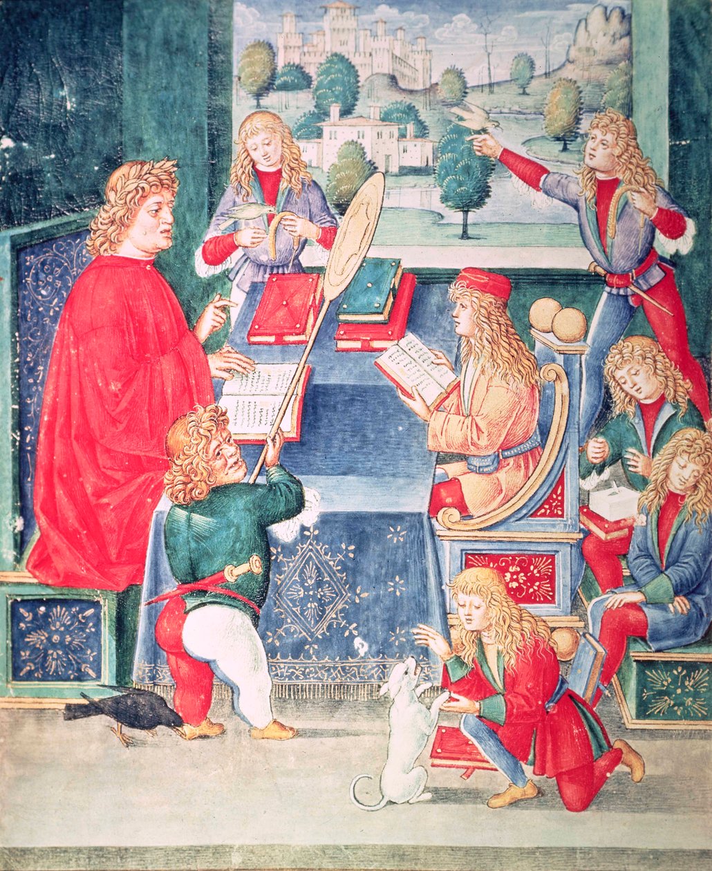 Ms 2167 f.13v Maximilian Sforza osallistuu oppitunteihinsa, Lombard, "Donatus Grammatica" (vellum) tekijältä Italian School