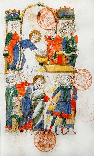 Ms 364 Jeesus pesee opetuslasten jalat viimeisellä ehtoollisella ja Juudaksen suudelma, Monte Cassinon Breviarista (pergamentti). tekijältä Italian School
