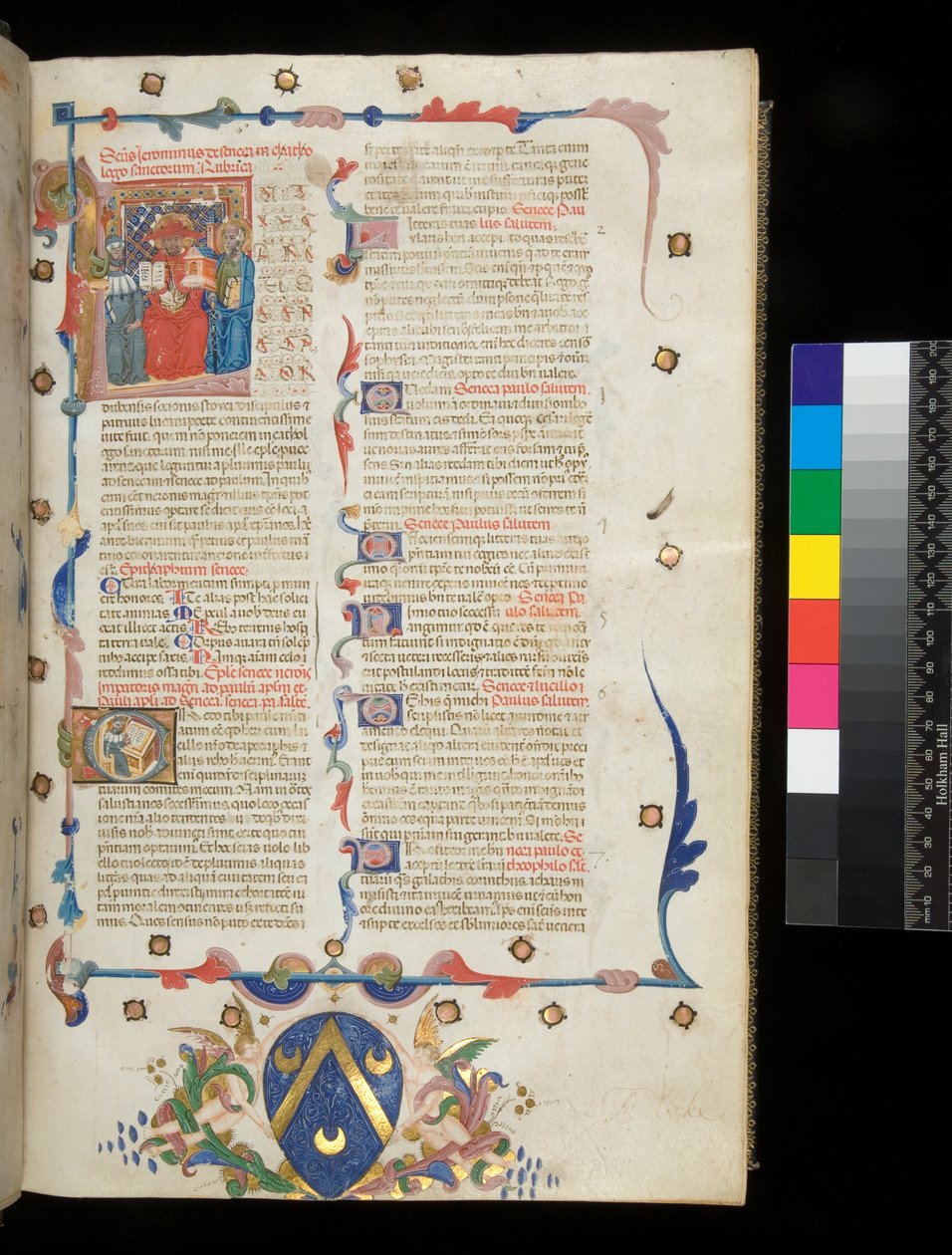 Ms 390. Seneca the Younger, Opera ja Seneca the Vanhin, Excerpta controversiarum, f.1r. Incipit-sivu, jossa on historialliset alkukirjaimet [L], joissa on Jerome, St Paul ja Seneca, Veneto tekijältä Italian School
