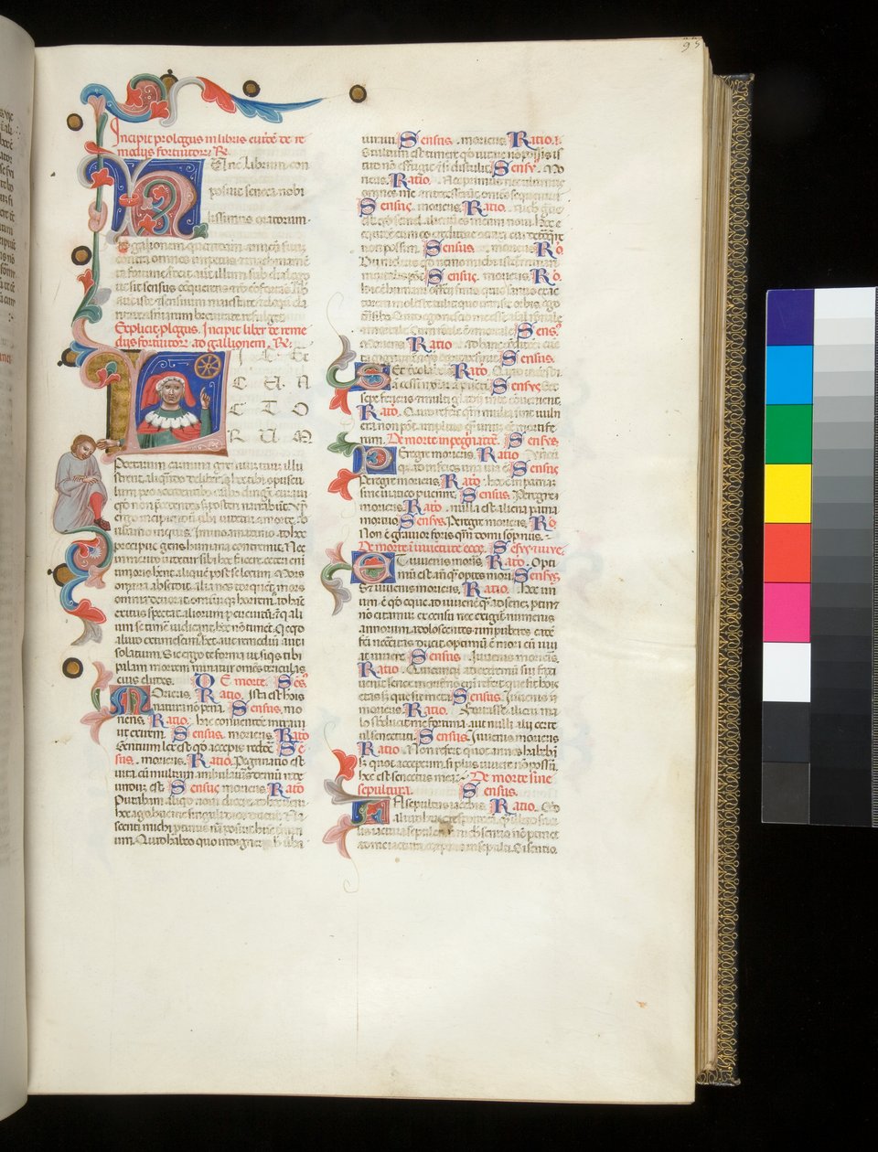 Ms 390. Seneca Nuorempi, Ooppera ja Seneca Vanhin, Excerpta controversiarum, f.95r. Asuttu alkukirjain [L], muotokuva Senecasta osoittaa Onnenpyörää ja alaspäin olevaa mieshahmoa rajalla tekijältä Italian School