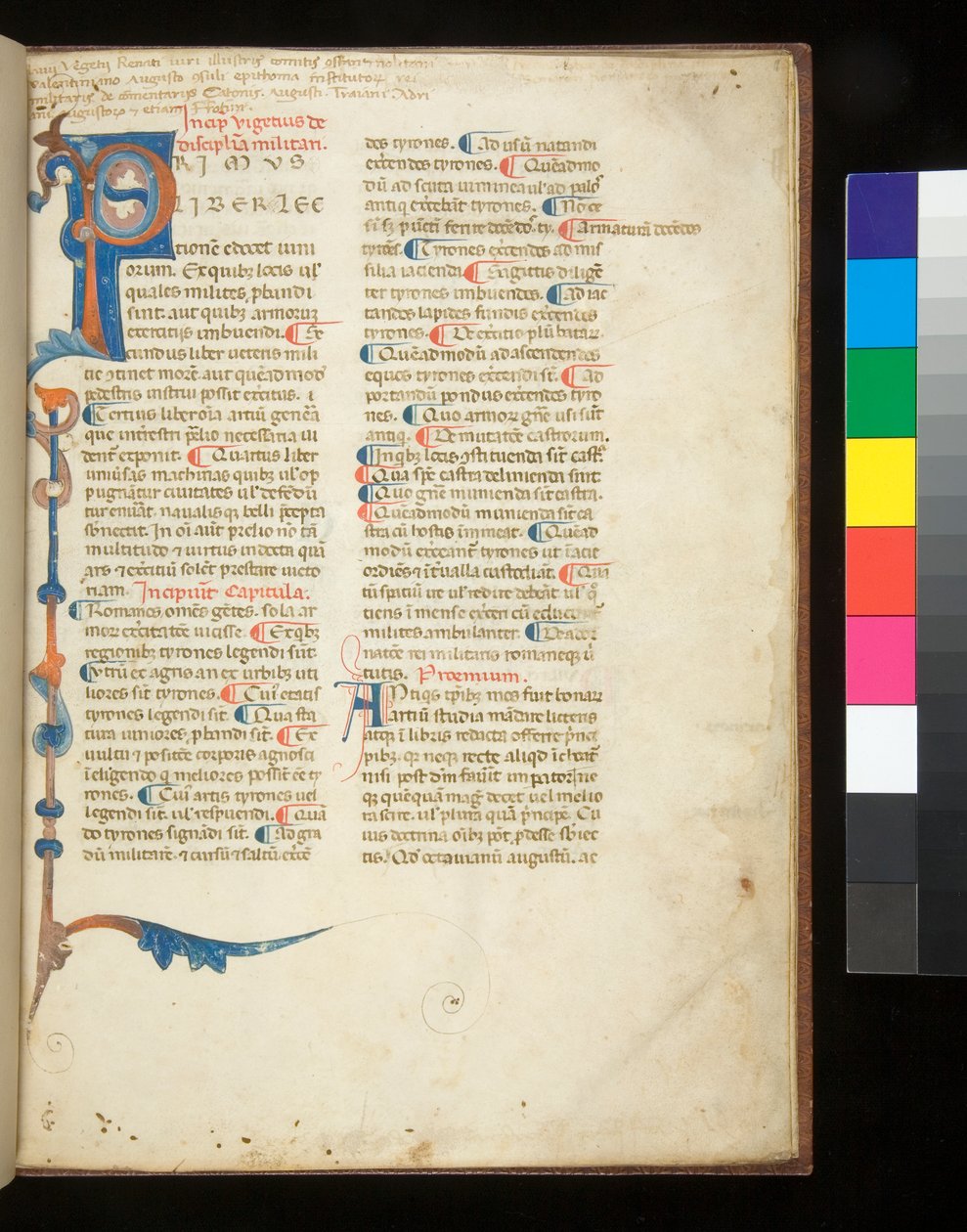 Ms 398. Vegetius, Epitoma rei militaris, f.1r. Koristeltu alkukirjain [P], joka ulottuu muodostaen osittaisen sauvan ja akantuksen reunan, Padova?, 1200-luvun loppu (pergamentti) tekijältä Italian School