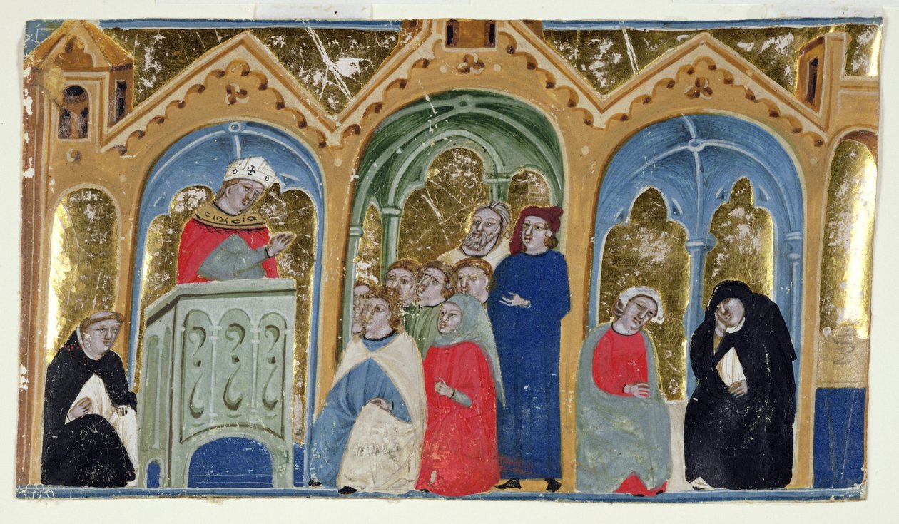 Ms. 400-2000: Pienoiskuva Gratians Decretumista, jossa piispa saarnaa seurakunnalle, n. 1325-30 tekijältä Italian School