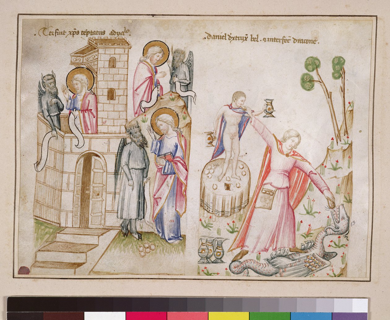 Ms 43-1950 (5v) Christs Temptation, Daniel tuhosi Belin, Speculum Humanae Salvationisista tekijältä Italian School