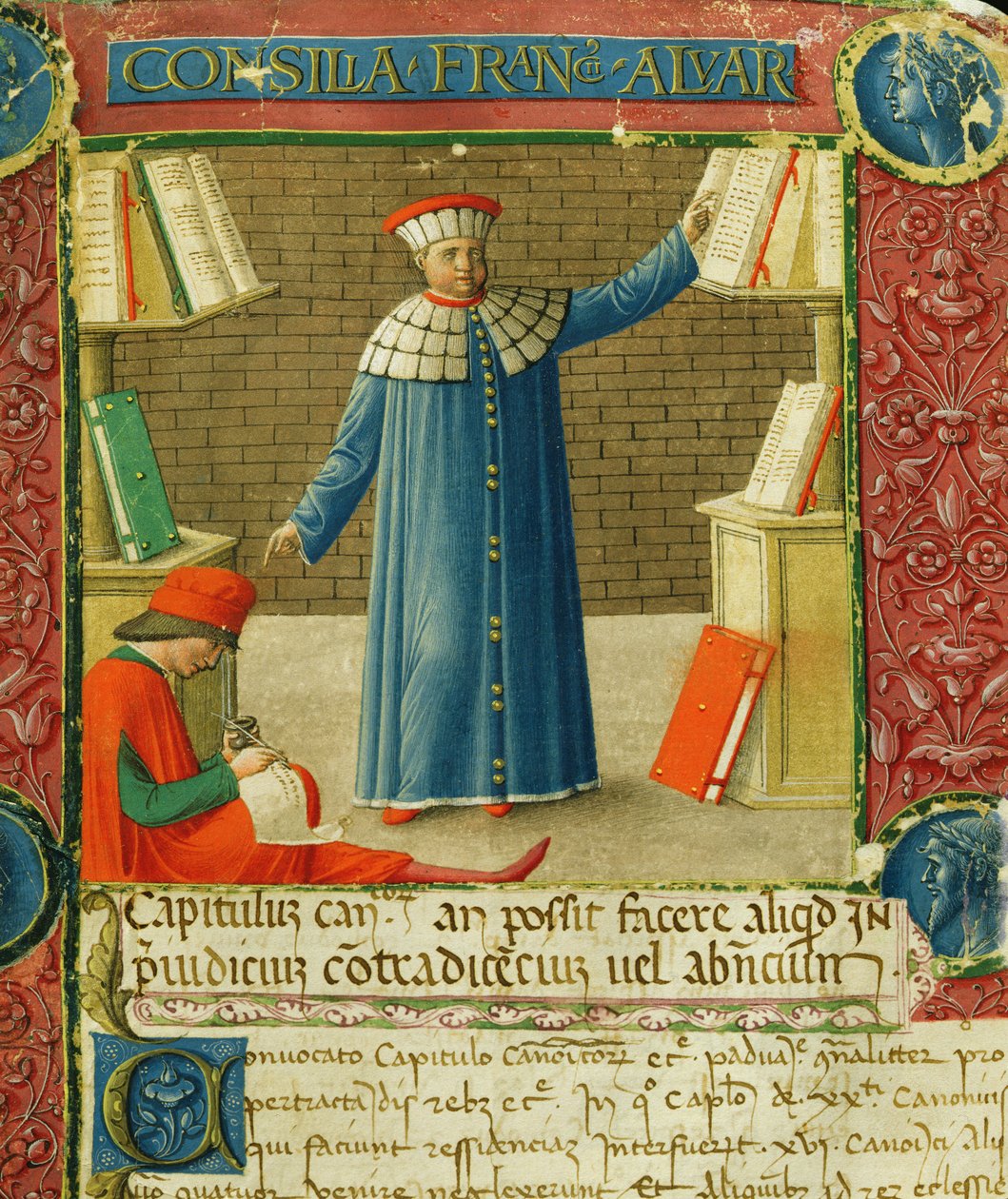 Ms. 450, miniatyyri "Consilia et Allegations" -kirjoituksesta, Francesco Alvarottin kirjeet, n. 1477-1478 (vellum) tekijältä Italian School