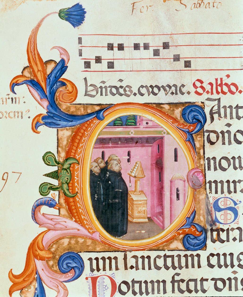 Ms 559 f.176f Historiallinen alkukirjain C, jossa munkkeja katselee tekstiä, Santa Maria Novellan psalterista, valaisi Paolo Soldini (fl.1342-86) 1379 tekijältä Italian School