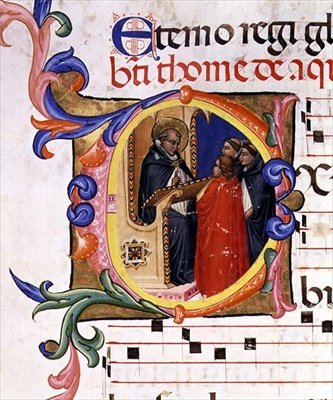 Ms 559 f.285v Historioitu alkukirjain "O", joka kuvaa munkkia puhujapuhujassa keskustelemassa muiden munkkien kanssa, Santa Maria Novellan psalteri, valaisi Paolo Soldini (fl.1342-86) 1379 (vellum) tekijältä Italian School