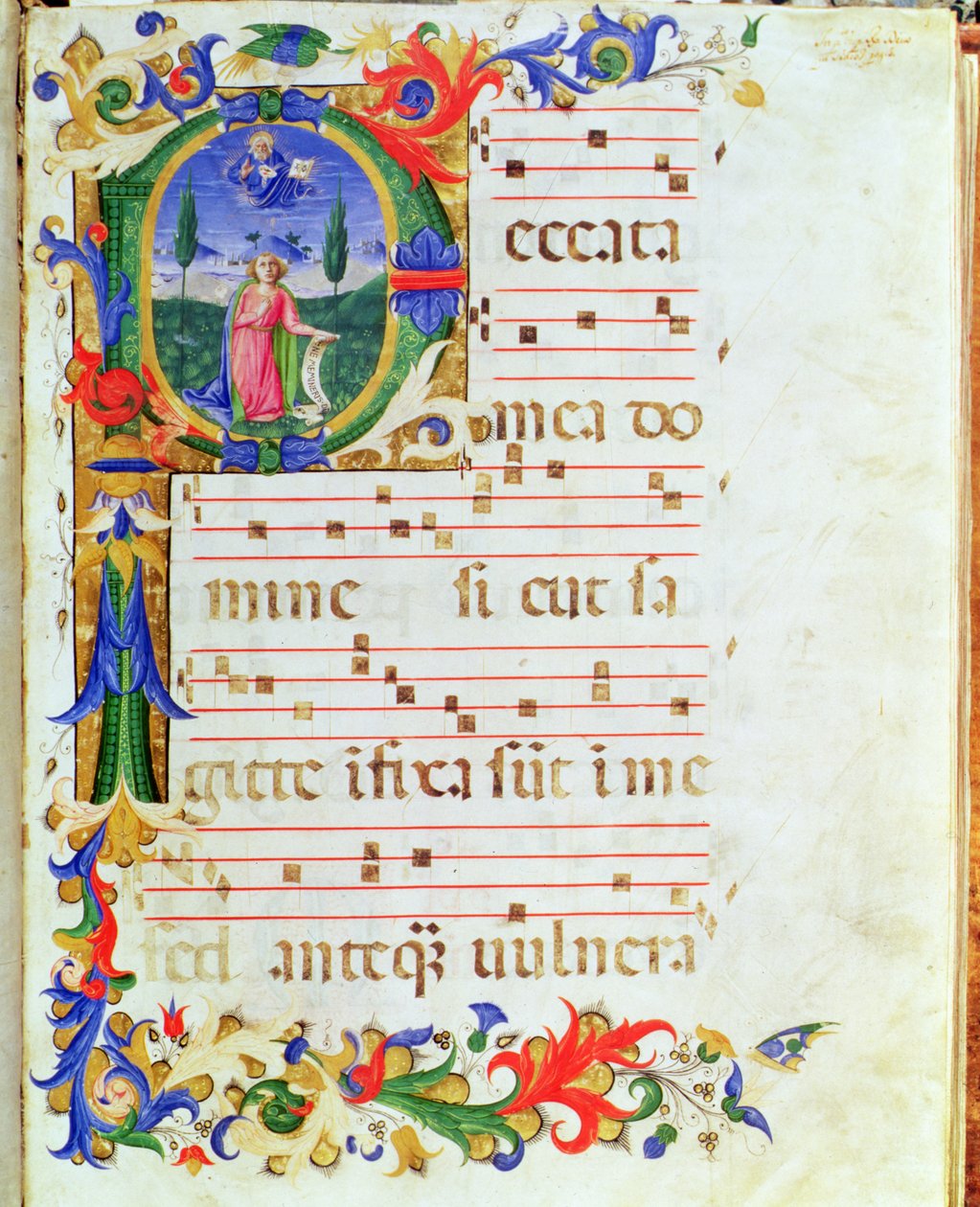 Ms 577 f.1 Historioitu alkukirjain "P", joka kuvaa mieshahmoa erämaassa, "Messale di Sant