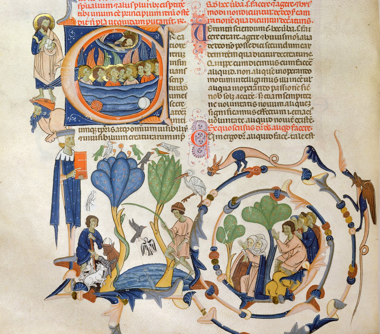 Ms 766 Kristus puhuu enkeleille ja keskiaikaisen arkielämän kohtauksia (maatalous, maanviljely, kalastus ja rukous, miniatyyrit Liber Quatuor Sententiarumista (Laukekirja), Petrus Lombardus, toinen tekijältä Italian School