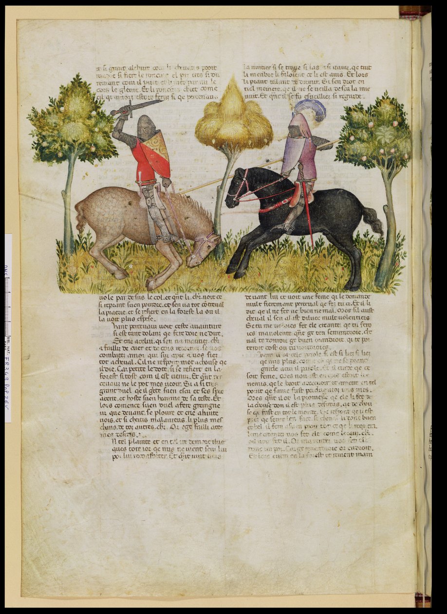 Ms Fr 343 fol.26v Sir Percivals hevonen tapettiin Queste del Saint Graalista, n. 1380-85 tekijältä Italian School