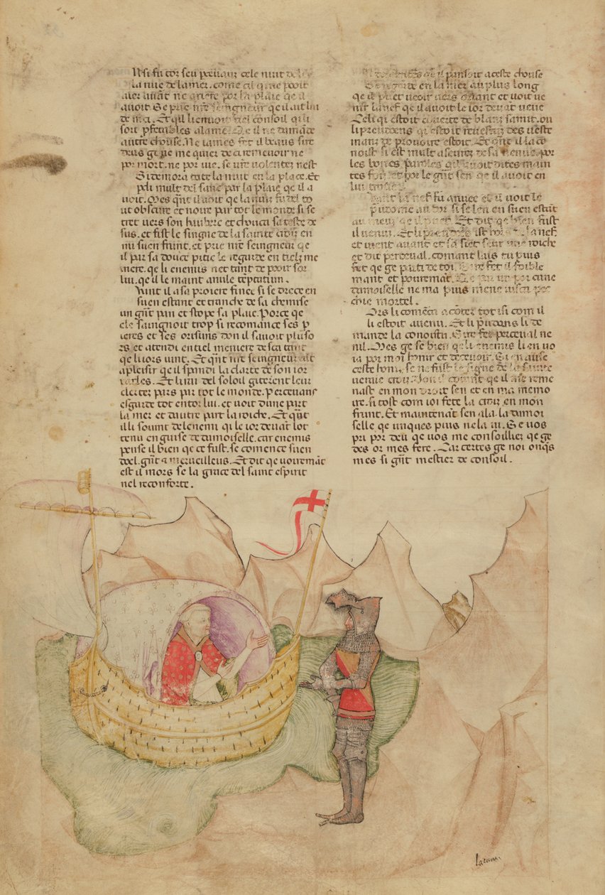 Ms Fr 343 fol.32v Valkoinen laiva tulee pelastamaan Percivalin Queste del Saint Graalista, n. 1380-85 tekijältä Italian School