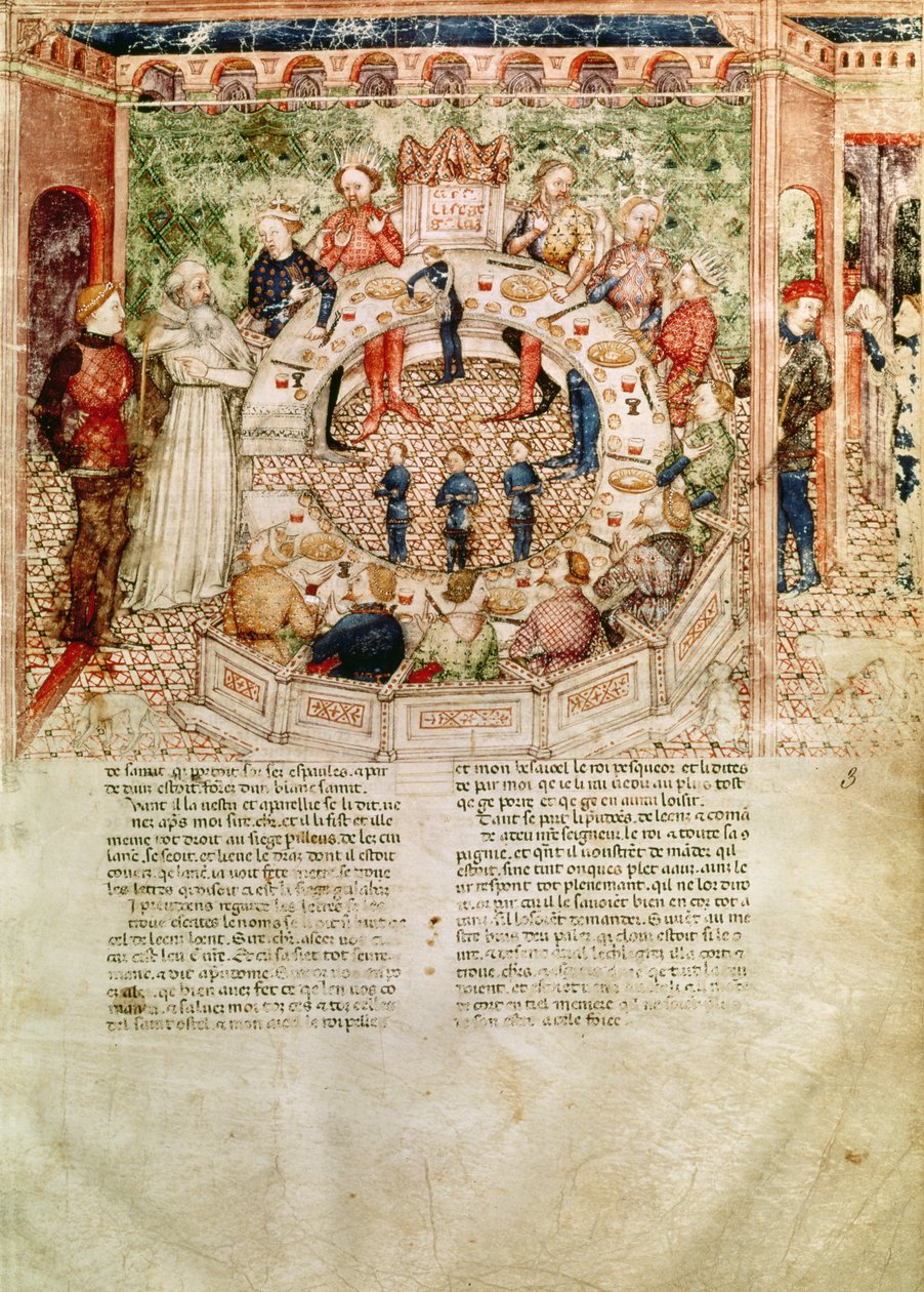 Ms Fr 343 fol.3 Sir Galahad on tervetullut pyöreään pöytään Queste del Saint Graalista, n. 1380-85 tekijältä Italian School