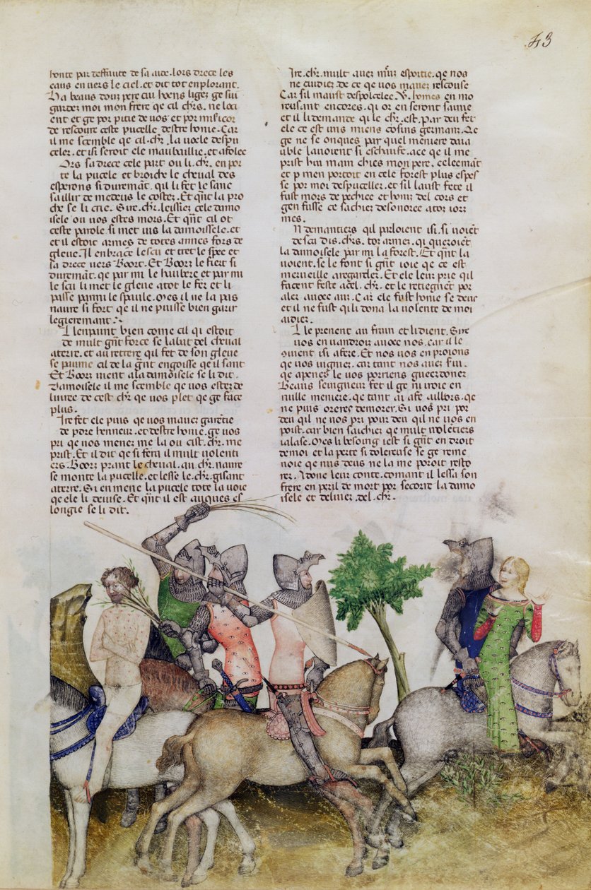 Ms Fr 343 fol.43 Pyöreän pöydän ritari, Sir Bors, joutuu tekemään valinnan joko pelastaako veljensä Lionel vai pelastaako neito Queste del Saint Graalista, n. 1380-1385 tekijältä Italian School