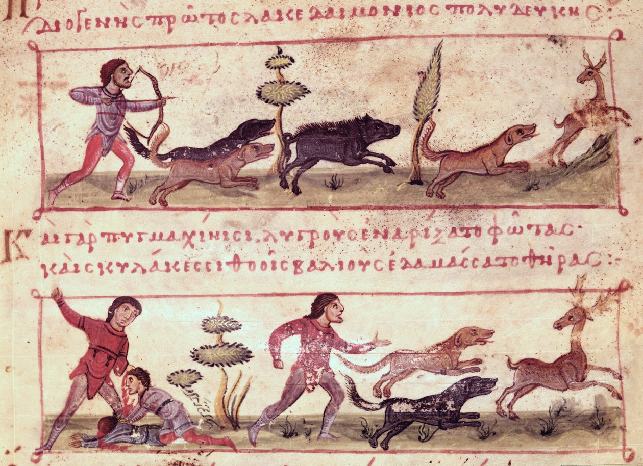 Ms Grec 479 Deer Hunting, kuvitus Oppianin Cynegeticasta (tempera vellum) tekijältä Italian School