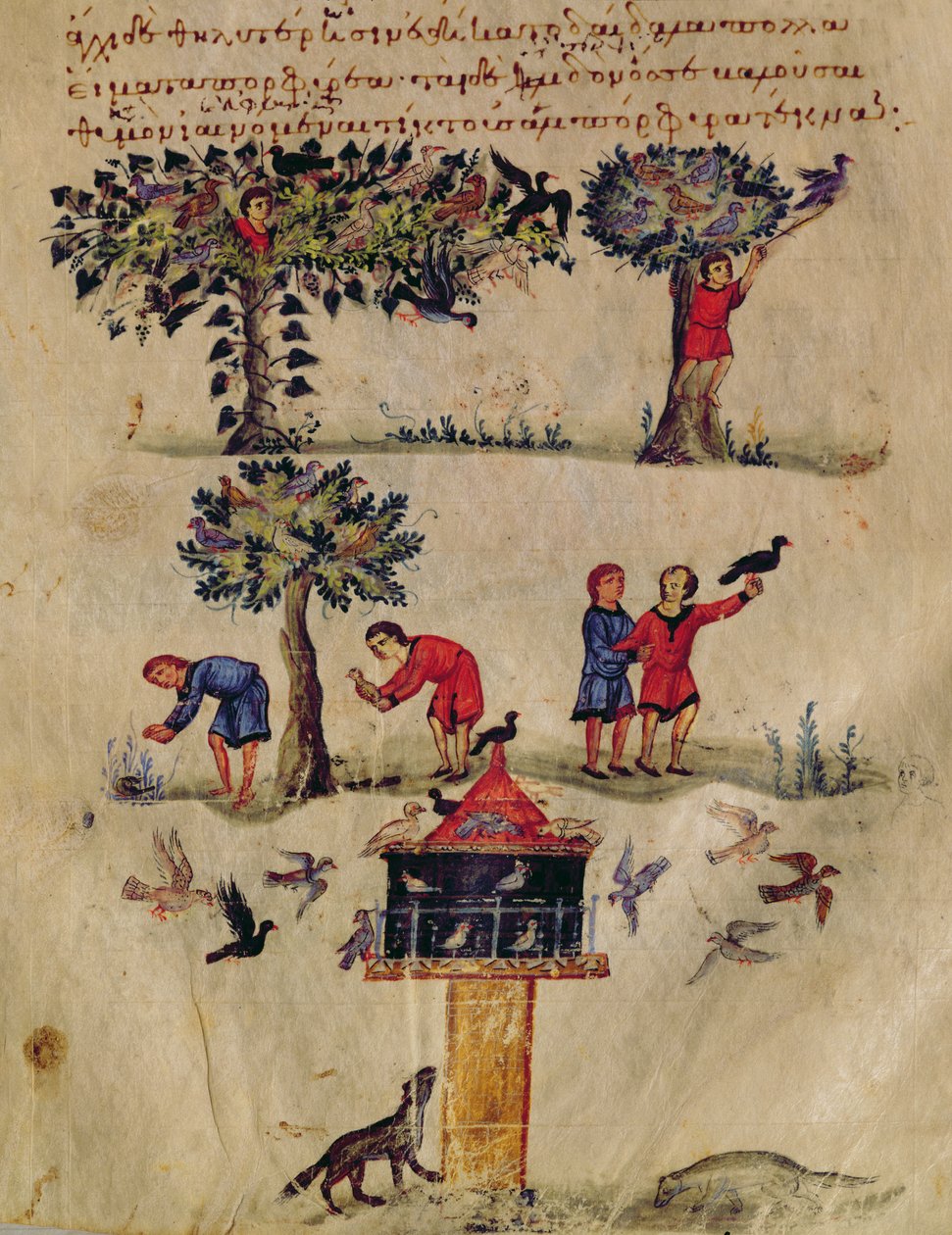 Ms Grec 479 Lintujen metsästys, kuvitus luultavasti Oppianin Ixeutikasta (tempera perunakalvolla) tekijältä Italian School