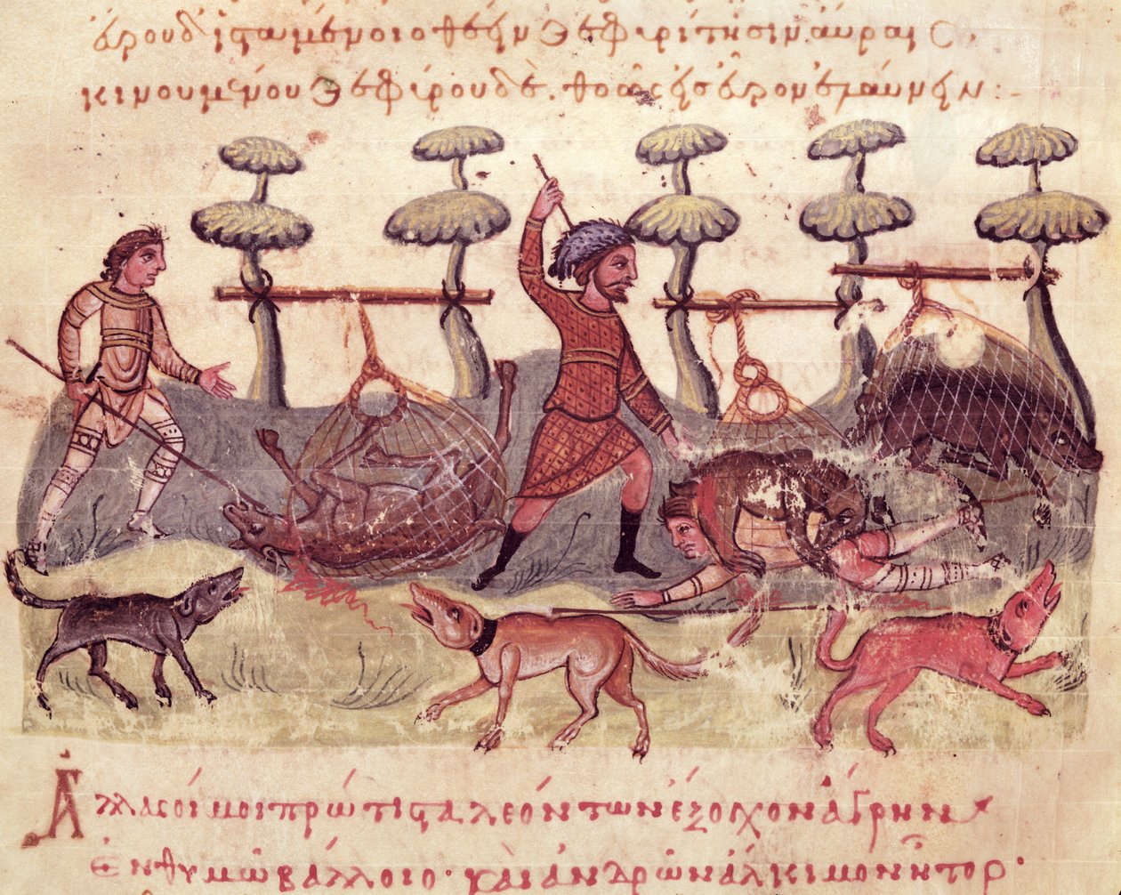 Ms Grec 479 Metsästys verkoilla, kuvitus Oppianin Cynegeticasta (tempera perunalla) tekijältä Italian School