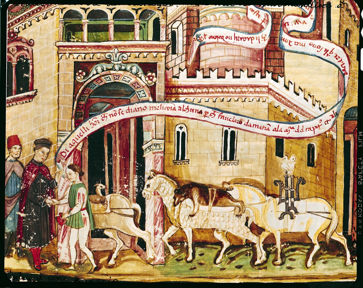 Ms H. V-5 Kauppiaiden verottaminen, jotka saapuvat kaupunkiin, "Codice dei Privilegi" (vellum) tekijältä Italian School