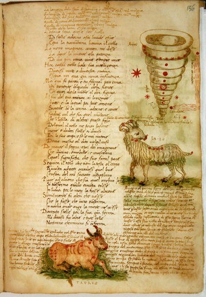 Ms Ital 483 P.4.7 f.156v Oinas ja Härkä, Fazio degli Ubertin (vellum) "Dittamondosta" tekijältä Italian School