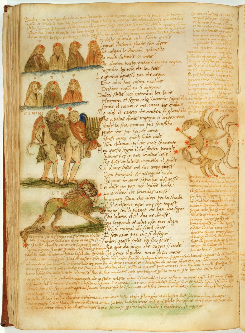 Ms Ital 483 P.4.7 f.156v Kaksoset, leijona ja syöpä, Fazio degli Ubertin (vellum) Dittamondosta tekijältä Italian School