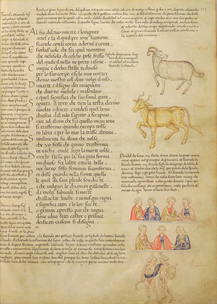 Ms Italien 87 fol.171 Sivu, joka havainnollistaa astrologisia merkkejä, teoksesta "De Civitate Dei, San Agostino" (vellum) tekijältä Italian School