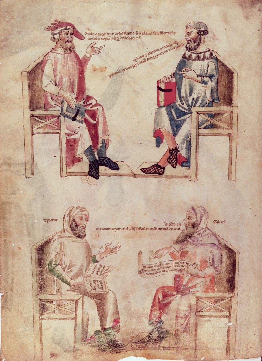 Ms Lat 6823 fol.1v Hippokrates (n. 460-n. 377 eKr.) ja Hunayn ibn Ishaq (808-73) ja Hippokrates ja Claudius Galenus (n. 131-n. 201) Manfredus de Monte Imperialin teoksesta De Herbis, c. .330-40 tekijältä Italian School