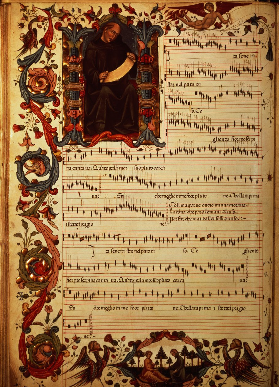rouva Med. Pal. 87 sivua nuottikirjoitusta historiallisella alkukirjaimella, Squarcialupi Codexista, tuotettu firenzeläisessä S. Maria degli Angelin luostarissa (vellum) tekijältä Italian School