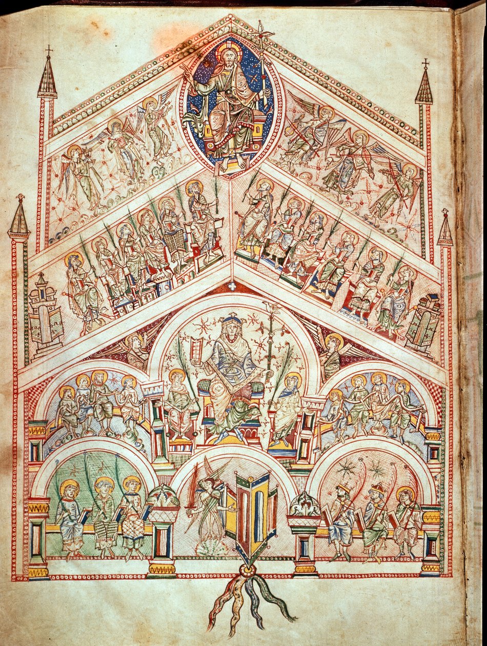 Ms. Plut.12.17 f.2v Taivaallinen kaupunki, jossa Kristus valtaistuimella, kuvitus painokseen Pyhän Augustinuksen Hippolaisen (354-430) vuosina 413-426 kirjoittamasta alkuperäistekstistä De Civitate Deistä, (11.-12. tekijältä Italian School