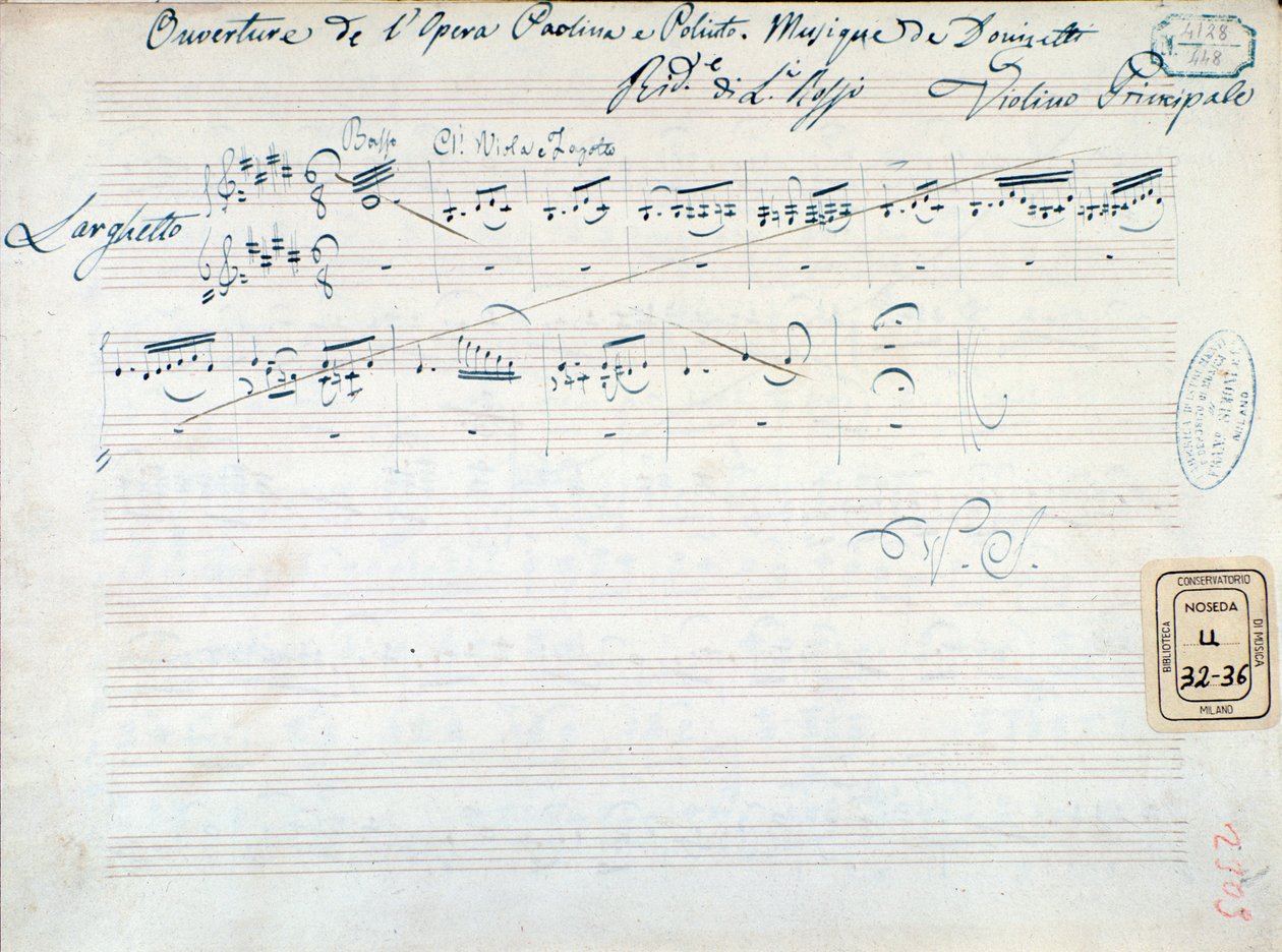 Musiikkikappale Gaetano Donizettin kappaleeseen "Paolina and Poliuto" (muste paperille) tekijältä Italian School