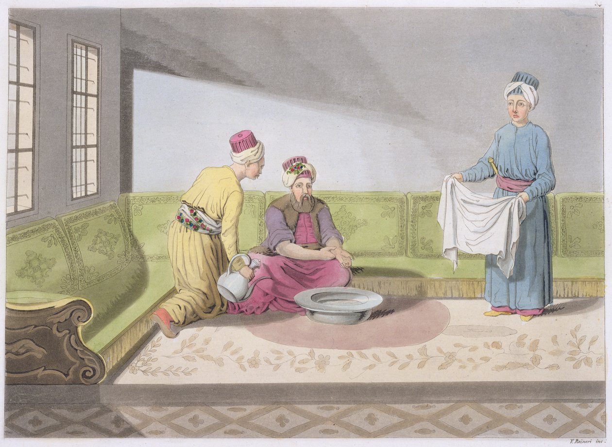 Muslim Performing his Ablutions, levy 34 osasta III, osa I, The History of the Nations, kaiverrus V. Raineri (akvatinta) tekijältä Italian School