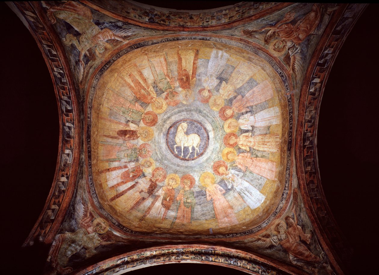 Mystinen lammas pyhien ja enkelien ympäröimänä - Fresco tekijältä Italian School
