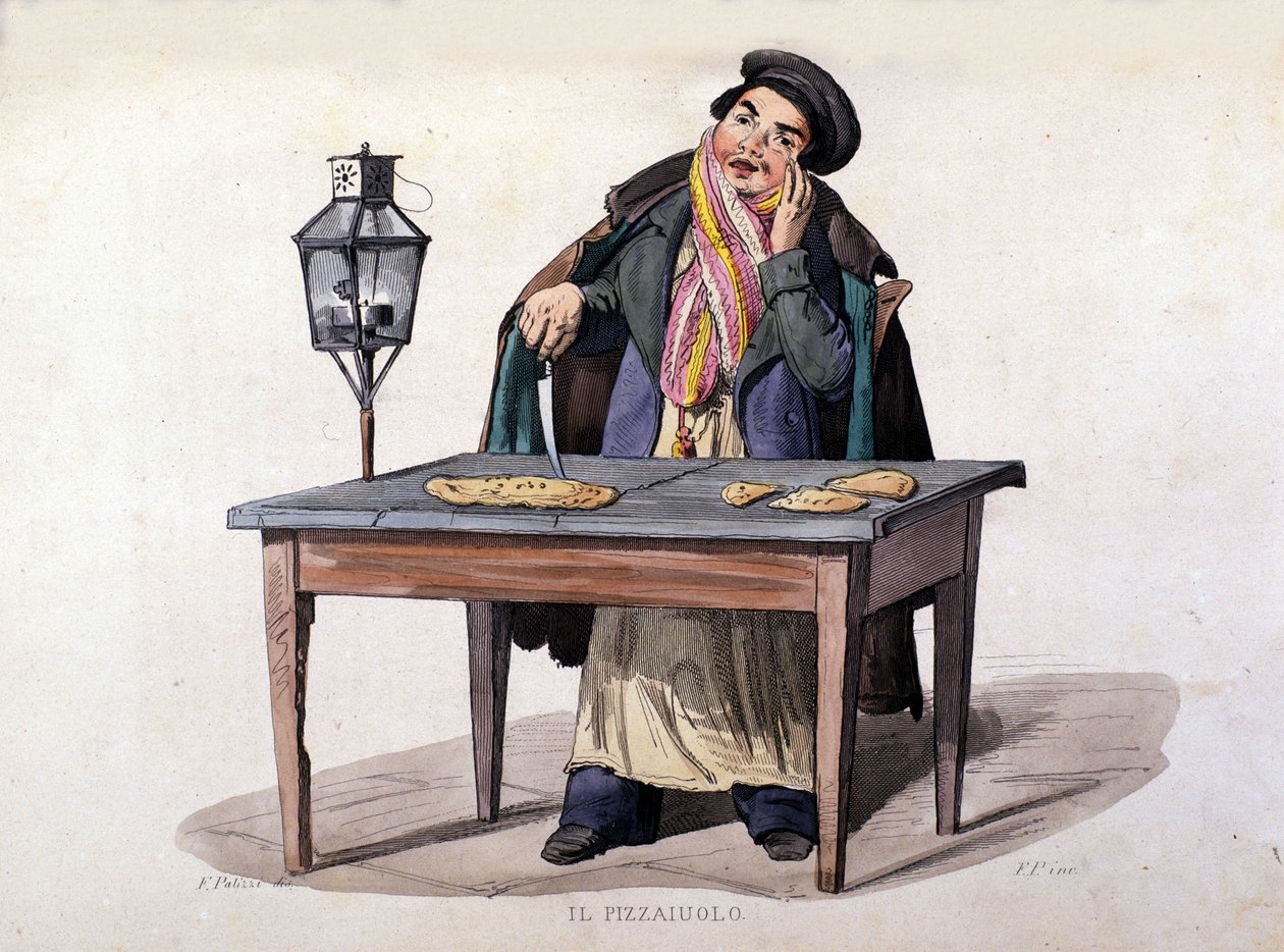Napoli, pizzamyyjä. Kaiverrus F. Palizzan maalauksen jälkeen. Francesco de Bourcardin teoksesta "Napolin kuningaskunnan puvut" tekijältä Italian School