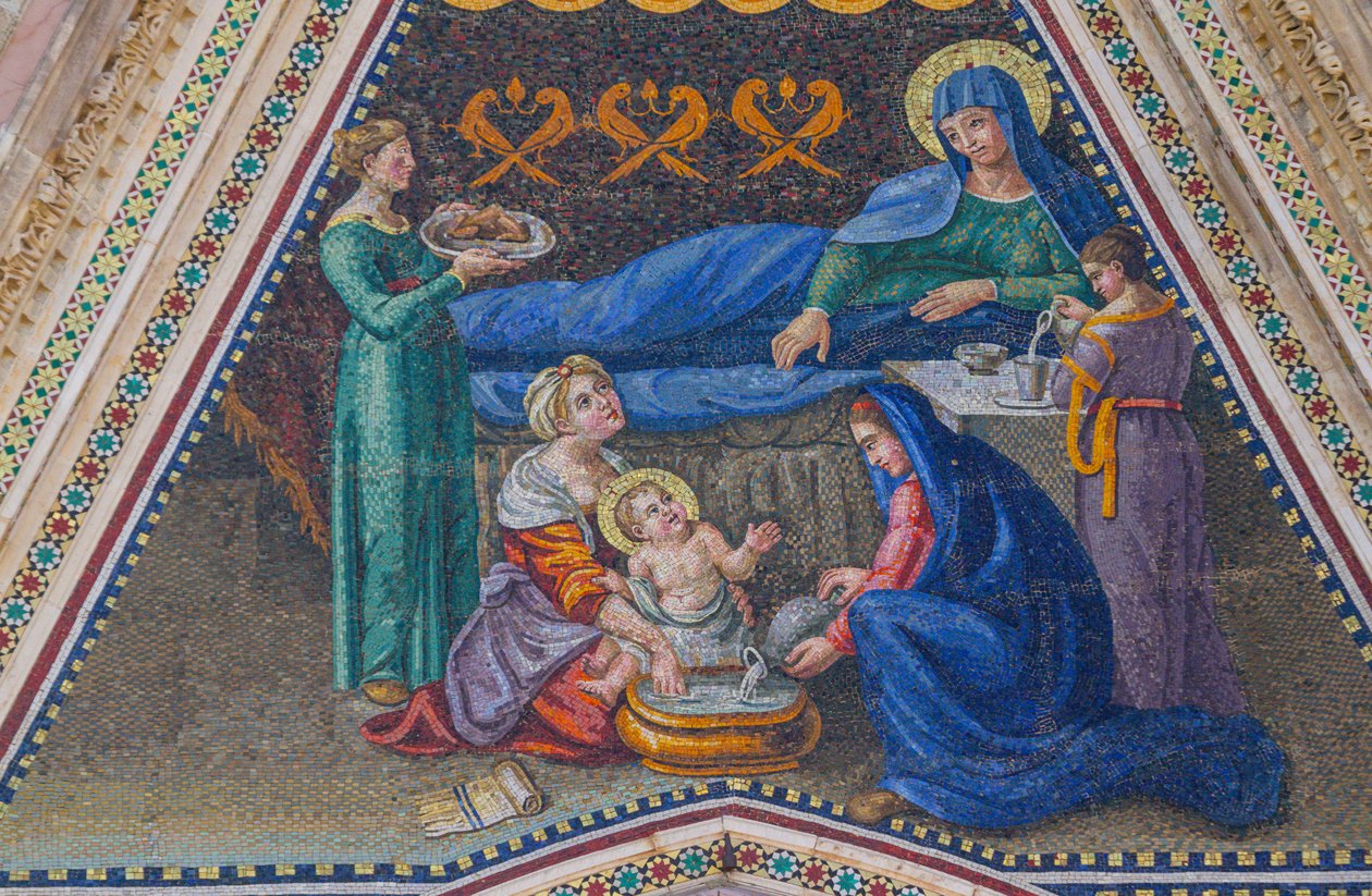 Marian syntymä, mosaiikki, sivusisäänkäynnin pääty, mosaiikki, Orvieton katedraalin julkisivu, Umbria, Italia tekijältä Italian School