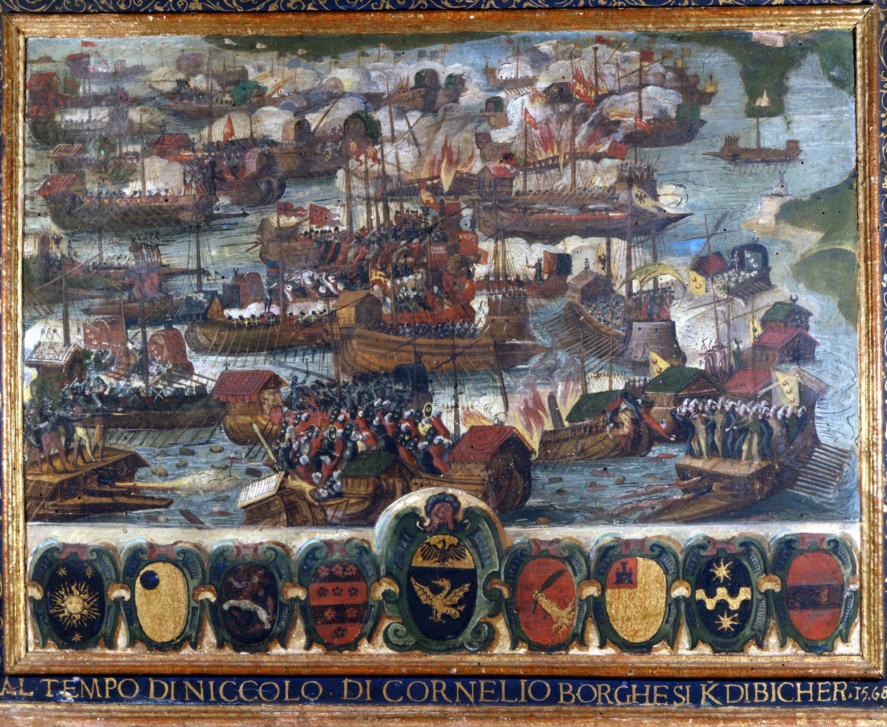 Lepanton meritaistelu (Lepanto): "" Niccolo di Cornelio Borghesi Kdibicherin aikaan "" - maalaus, joka säilyi kansallisarkistossa Sienassa. tekijältä Italian School