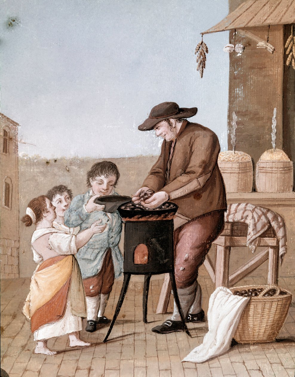 Napolilaiset pienet työt: kastanjoiden myyjä - (Vanha kauppa: kastanjanmyyjä) 1800-luvun akvarelli - Napoli Museo Nazionale di San Martino tekijältä Italian School