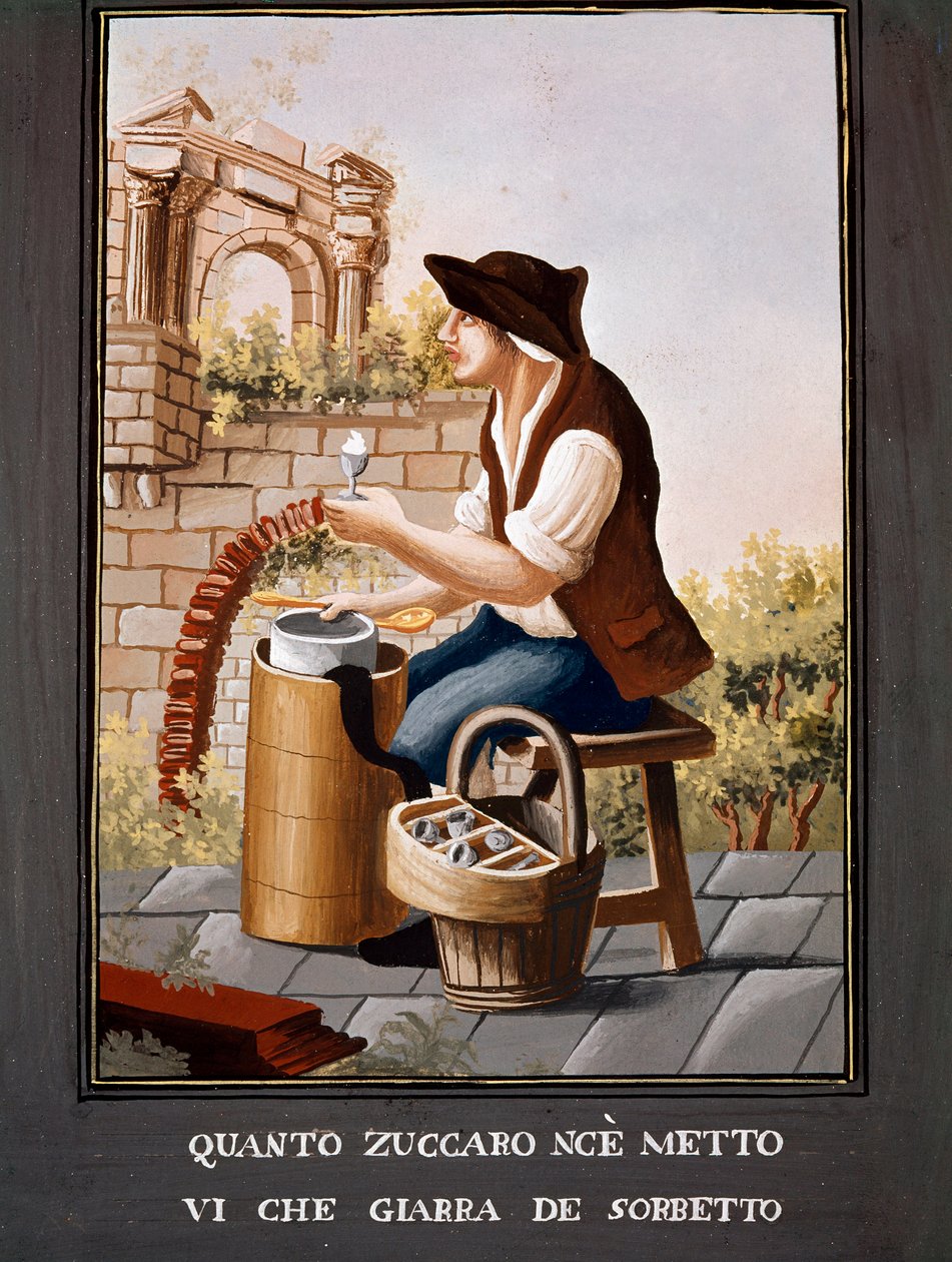 Napolilaiset pienet työt: sorbetin myyjä - (Vanha kauppa: jäätelön myyjä) 1800-luvun akvarelli - Napoli Museo Nazionale di San Martino tekijältä Italian School