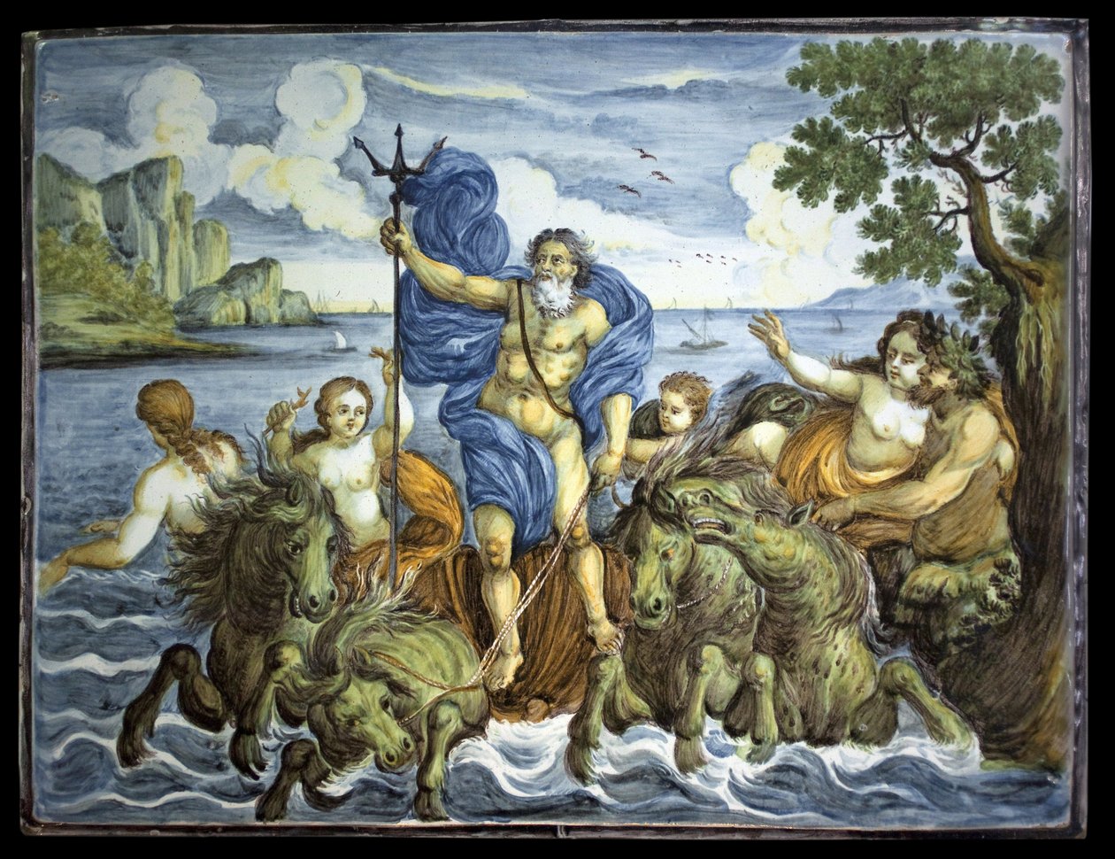 Neptunus tankissaan ja kolmijarkalla. Suorakaiteen muotoinen levy, koristeena suuri monivärinen tuli, valmistettu Castellissa, Italiassa tekijältä Italian School