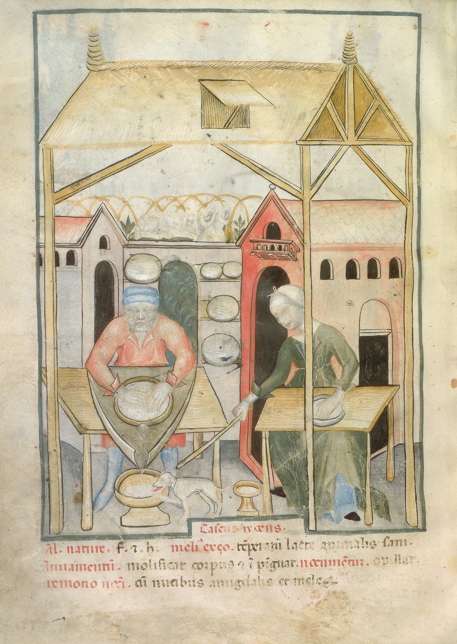 Nouv Acq Lat 1673 fol.58v Juuston valmistus, Tacuinum Sanitatis, n. 1390-1400 tekijältä Italian School