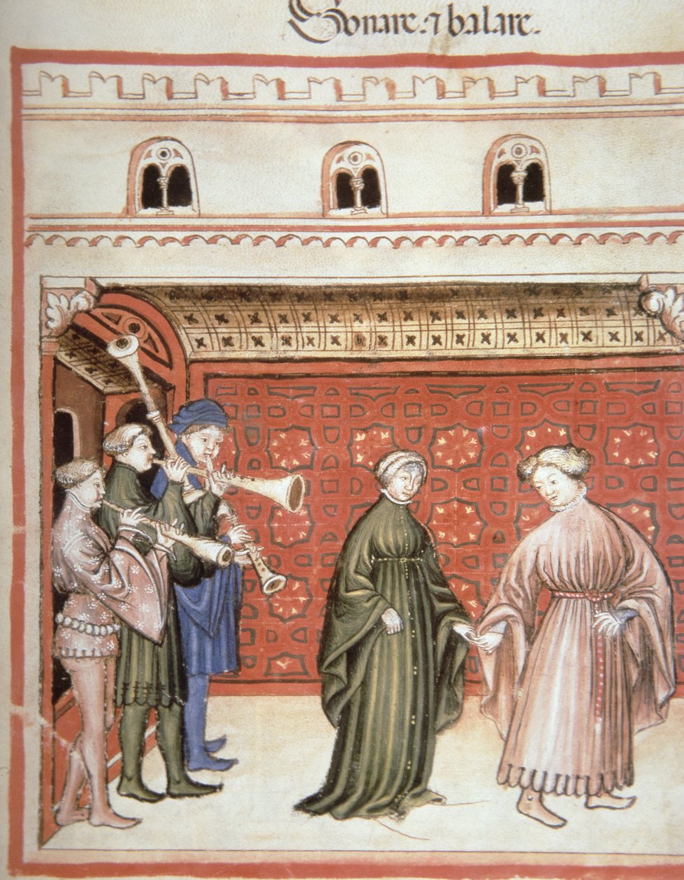 Nova 2644 fol.104r Musiikkia ja tanssia, valmistaja Tacuinum Sanitatis tekijältä Italian School