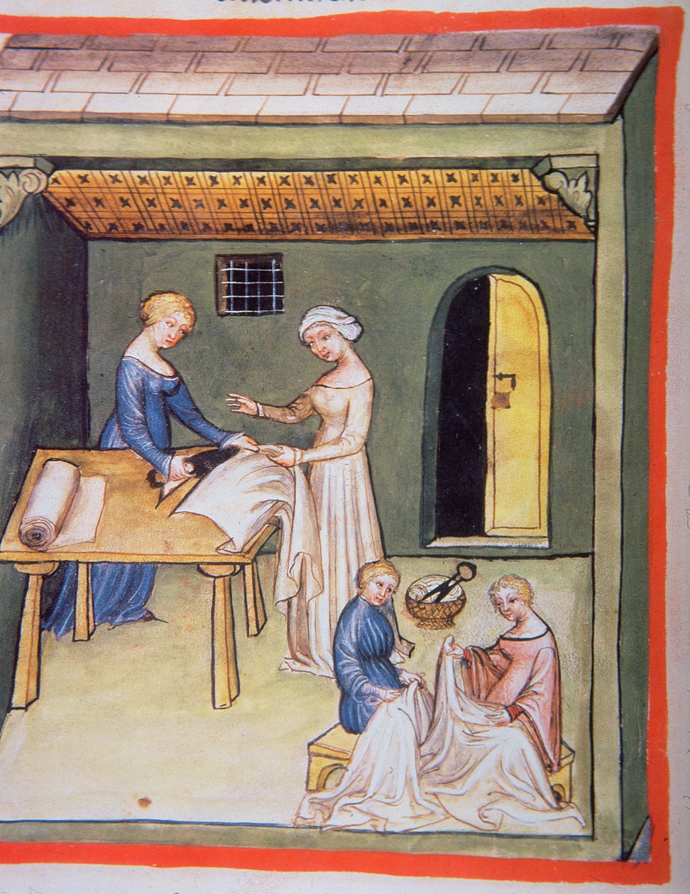 Nova 2644 fol.105v The Tailors Shop: Pellavavaatteet, Tacuinum Sanitatis tekijältä Italian School