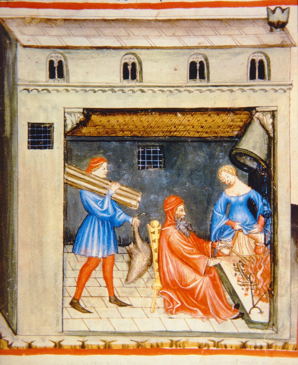 Nova 2644 fol.55r Talvi: Tulen edessä, Tacuinum Sanitatis tekijältä Italian School