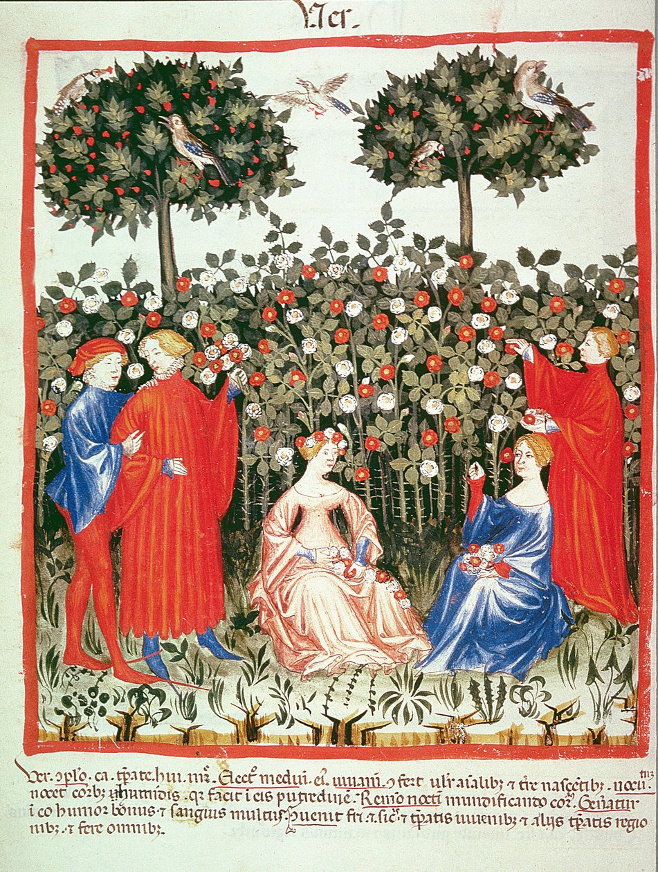 Nova 2644 fol.55v Kevät: Kukkien kerääminen, Tacuinum Sanitatis tekijältä Italian School