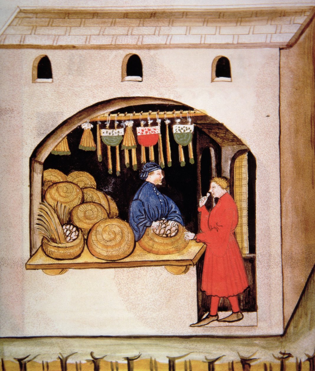 Nova 2644 fol.56v Kuivattujen viikunoiden myynti, Tacuinum Sanitatis tekijältä Italian School