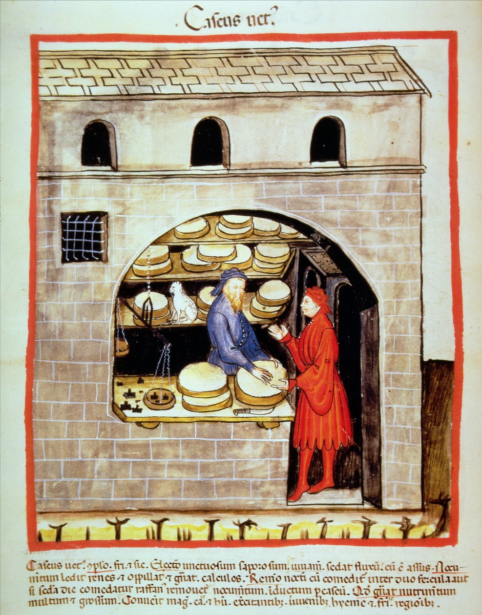 Nova 2644 fol.60v Myynnissä kypsää juustoa, Tacuinum Sanitatisista tekijältä Italian School
