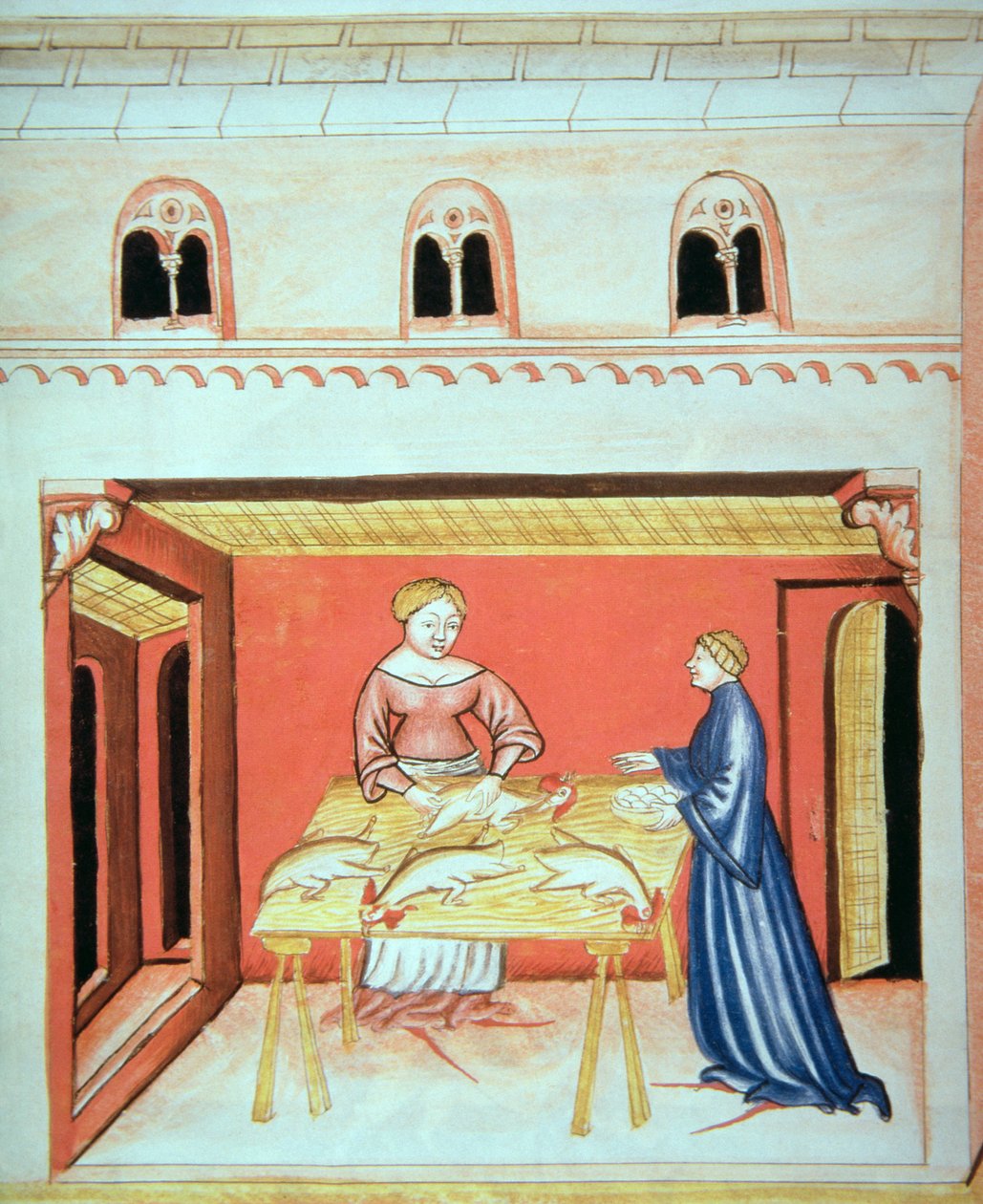 Nova 2644 fol.79v Teurastajat: Kivesten poisto, Tacuinum Sanitatis tekijältä Italian School
