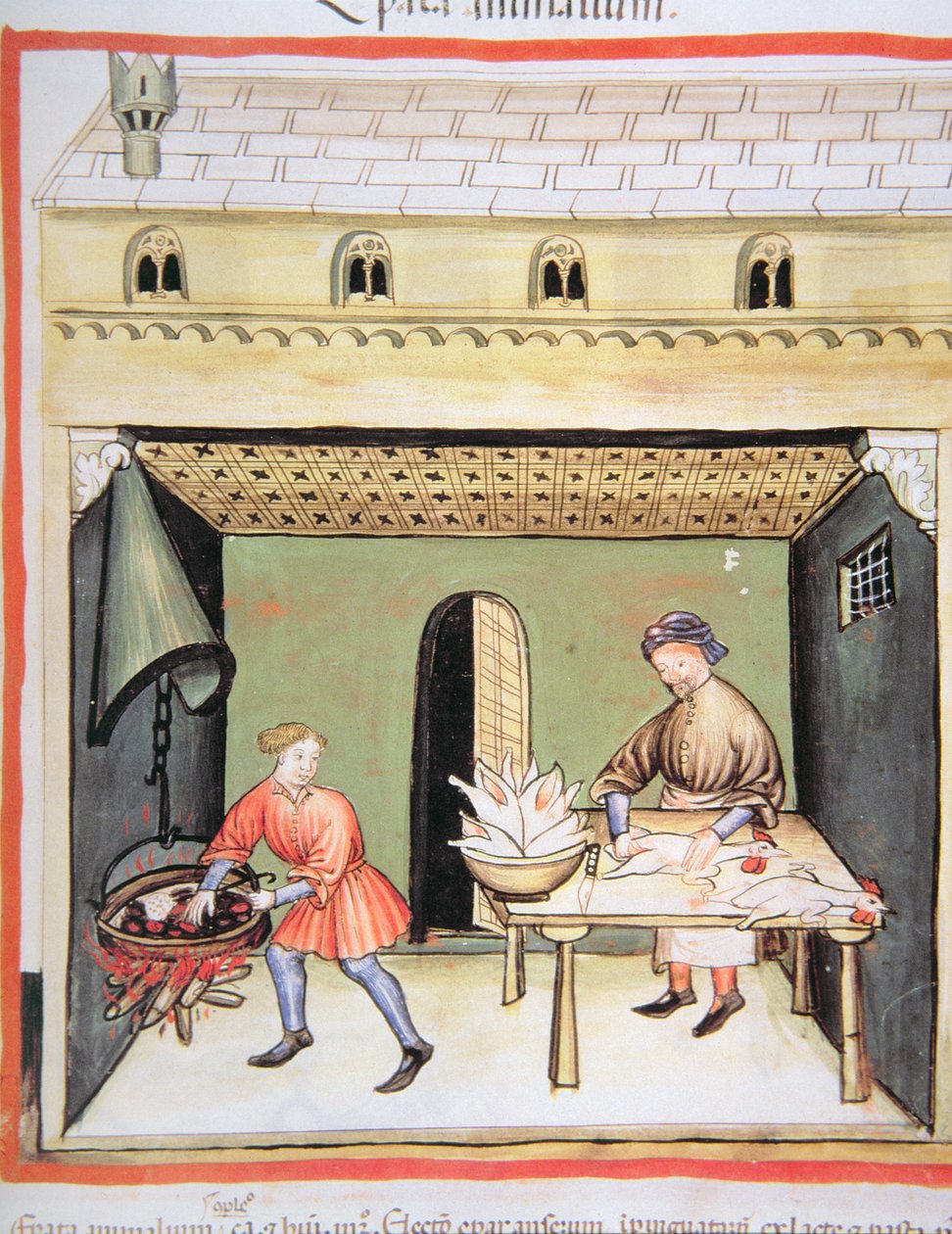 Nova 2644 fol.80r Teurastajat: Keittomaksa, Tacuinum Sanitatis tekijältä Italian School
