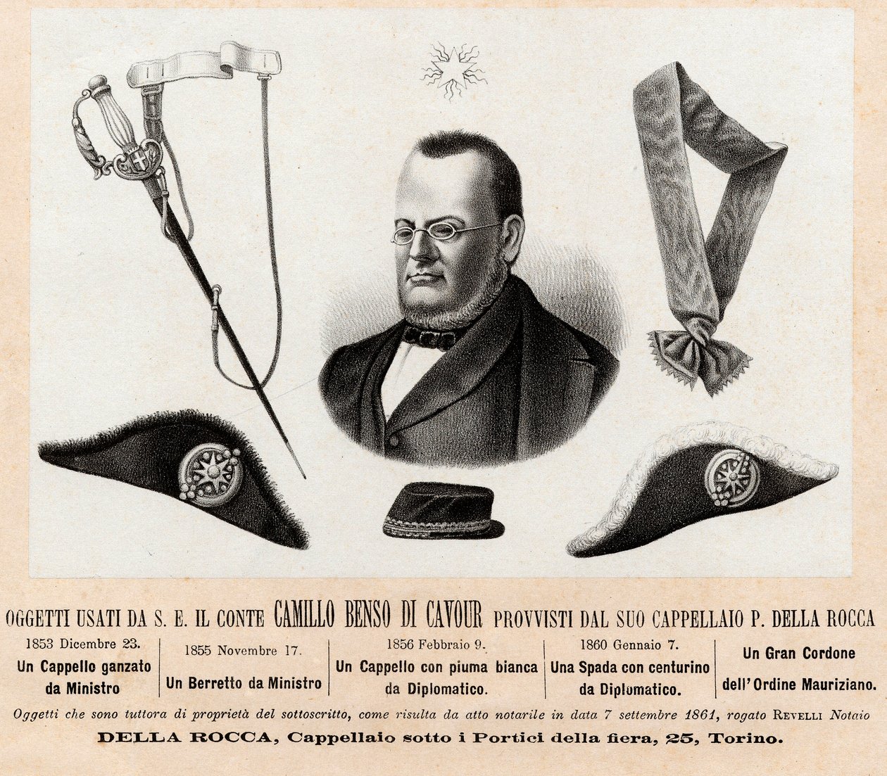 Camillo Benso conte di Cavourin (1810-1861) käyttämät esineet - hatut ja hänen poliittisten ja diplomaattisten tehtäviensä tunnusmerkit sekä Pyhän Mauritiuksen ja Pyhän Lasaruksen ritarikunnan suuri köysi (Ordine dei Santi Maurizio e Lazzaro) - Kaiverrus 1 tekijältä Italian School
