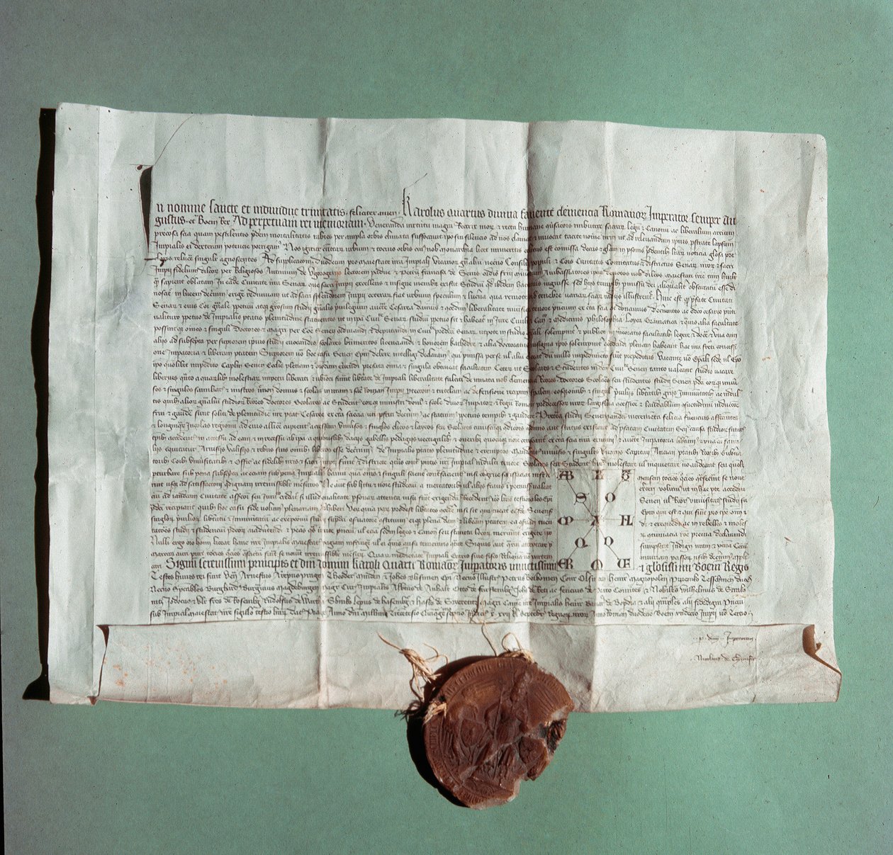 Keisari Kaarle IV:n (1316-1378) virallinen asiakirja, joka virallisesti vahvistaa Sienan yliopiston (Universita di Siena) General Studiumiksi”” tekijältä Italian School