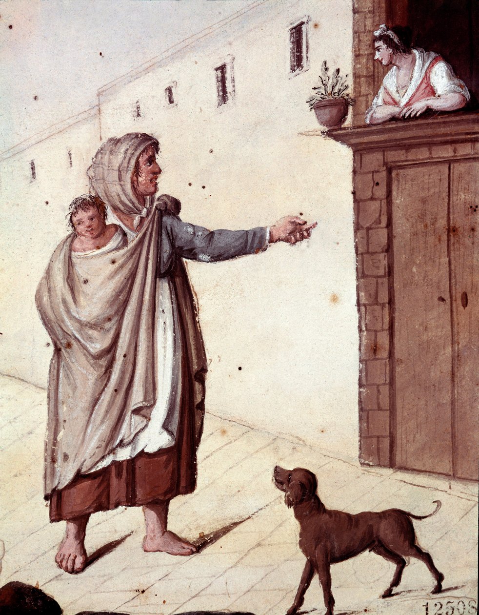Vanhoja napolilaisia tapoja: kerjäläinen ja hänen lapsensa Napolin kaduilla - (vanhat napolilaiset kaupat: kerjäläinen) 1800-luvun akvarelli - Napoli Museo Nazionale di San Martino tekijältä Italian School