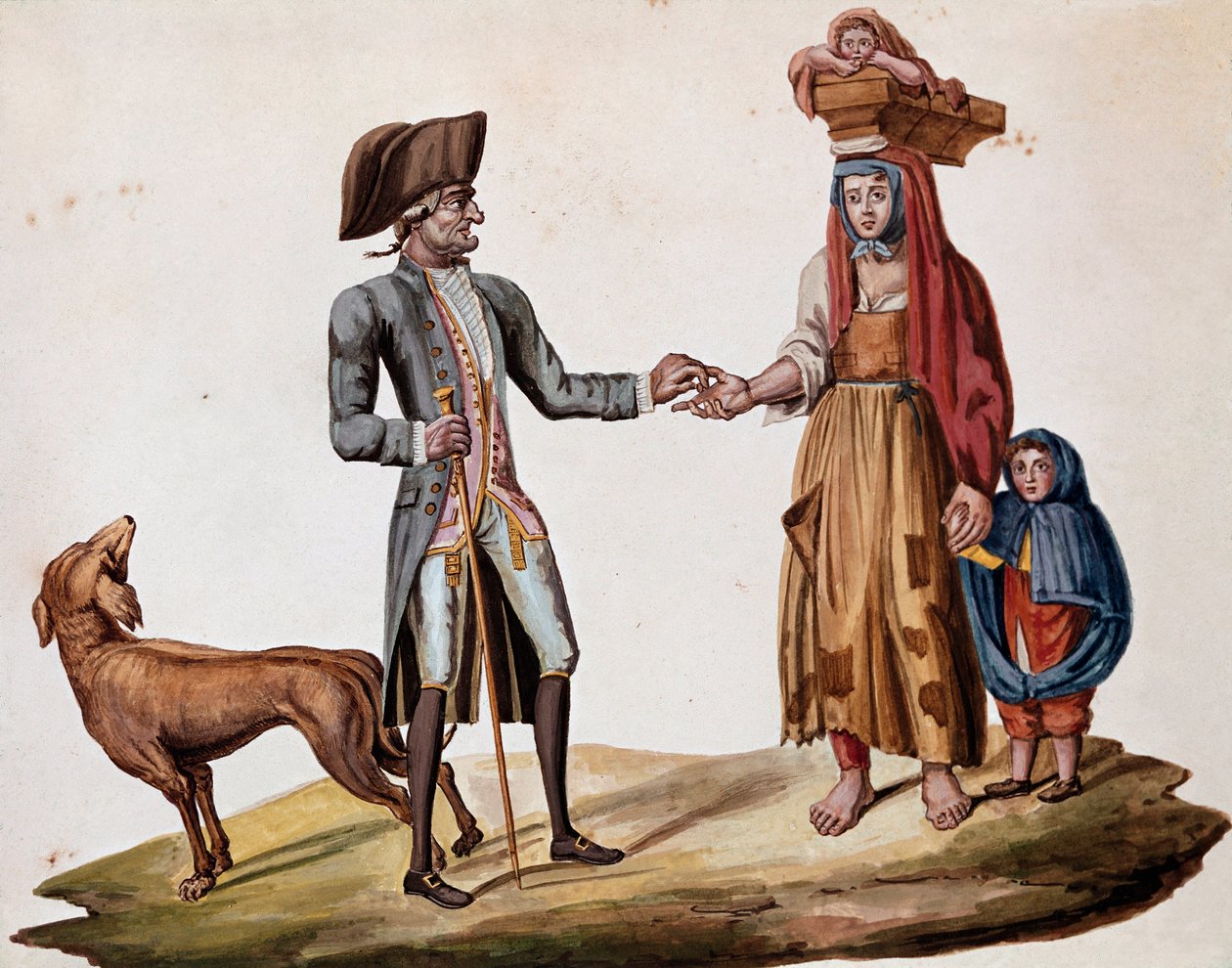 Vanhat napolilaiset työt: aatelinen antaa kolikon kämmenmiehelle - (vanha napolilainen kauppa: rikas mies antaa rahaa köyhälle tarinankertojalle) Akvarelli 1800-luvulta - Napoli Museo Nazionale di San Martino tekijältä Italian School