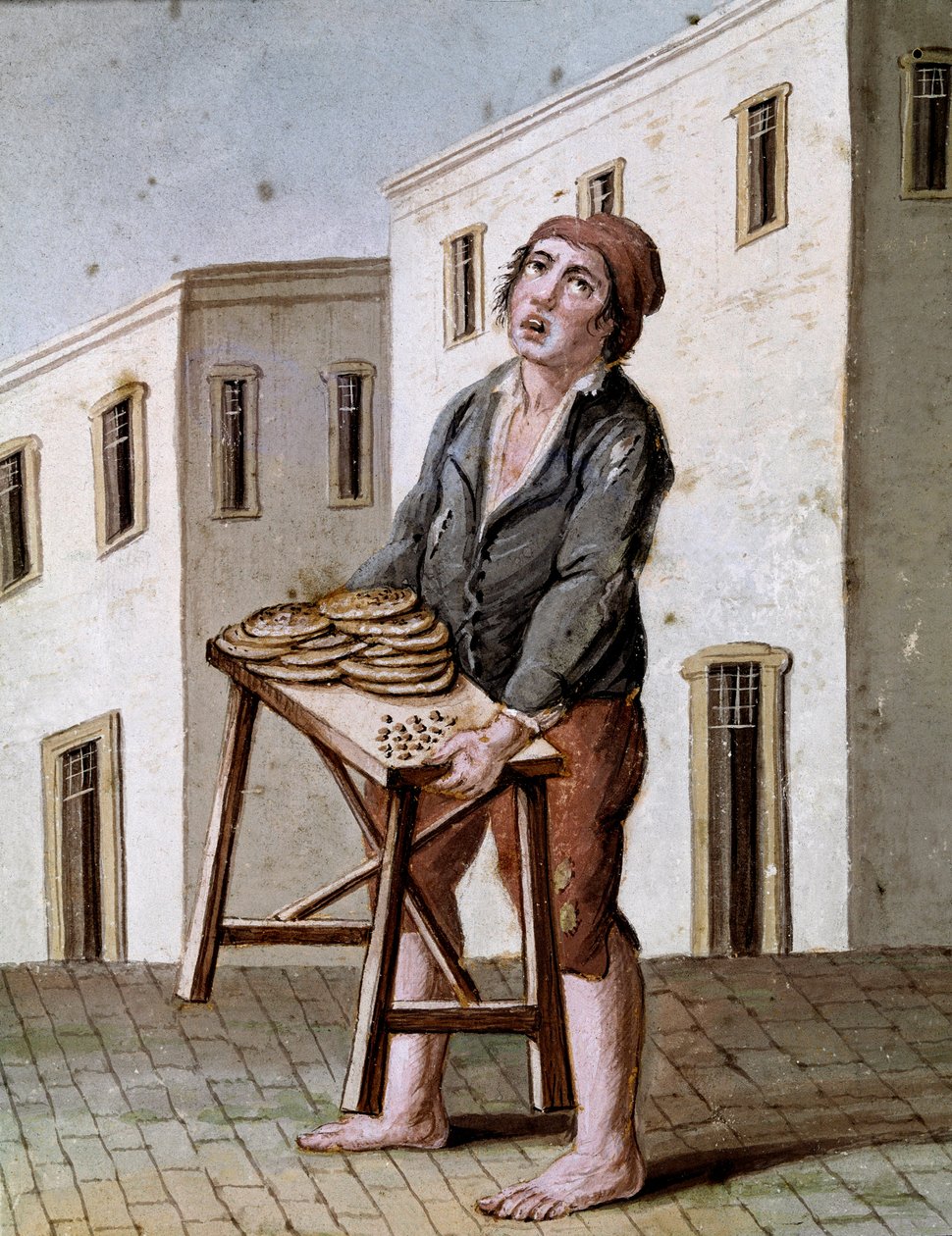 Vanhat napolilaiset tavat: pizzamyyjä - 1800-luvun akvarelli - San Martinon kansallismuseo tekijältä Italian School
